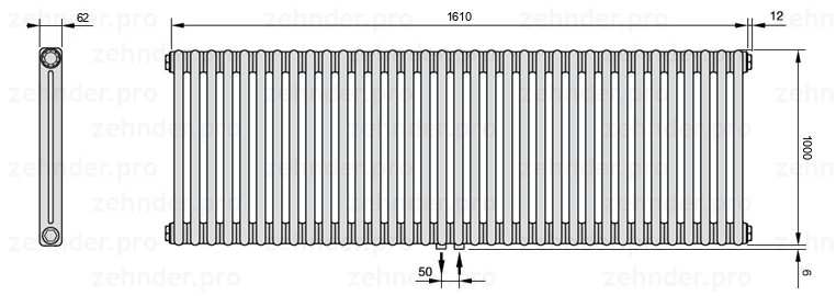 Схема (чертеж) Радиатор Zehnder Charleston 2100/35 №5410 Белый глянцевый RAL 9016